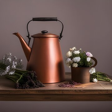 Copper kettle and flowers on a shelf
