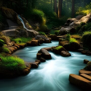 Strid or river surrounded by rocks, greenery and a waterfall