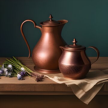 Copper jugs on a shelf with flowers