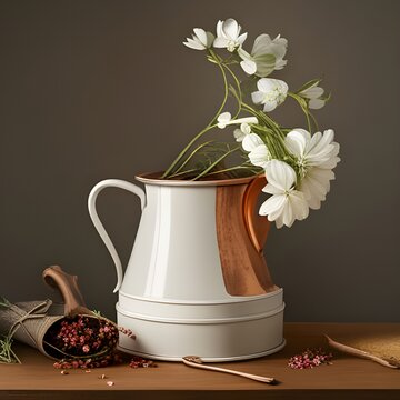 White and copper jug containing flowers
