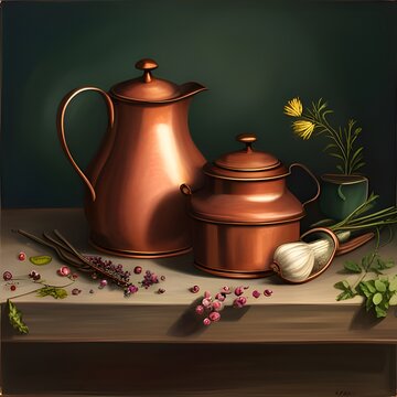 Copper jug and copper kettle, with flower and garlic decor