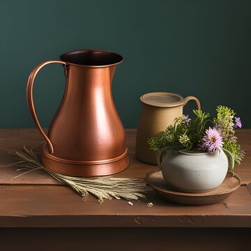 Copper jug and pottery pots containing flowers on a shelf