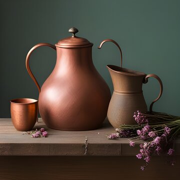 Jugs on a shelf with flowers