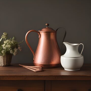 Copper jug with porcelain jug and flowers on a shelf