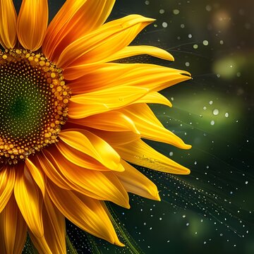 Sunflowers -Close up with raindrops. Ai generative illustration.