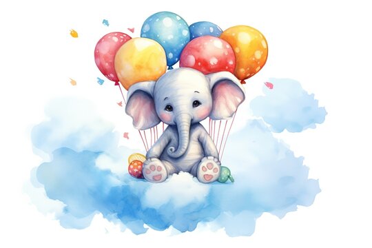 Cute baby elephant and balloons sits on the cloud painted in watercolor on a white isolated background. Generative AI