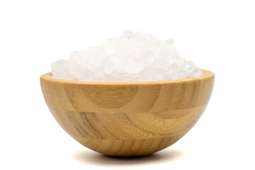 Lemon salt or Citric acid isolated on white background. Citric acid or lemon salt in wooden bowl