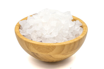 Lemon salt or Citric acid isolated on white background. Citric acid or lemon salt in wooden bowl. Close up