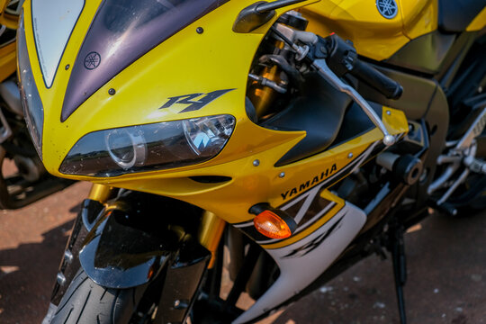 Close up of the front end of an early Yamaha R1 race replica. Selective focus
