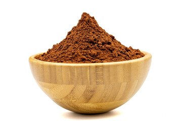 Cocoa powder isolated on white background. Cocoa powder in wooden bowl