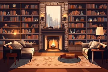 Cozy living room with a fireplace, warm lighting, and shelves filled with books. Generative AI