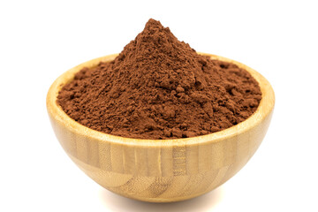 Cocoa powder isolated on white background. Cocoa powder in wooden bowl. Close up