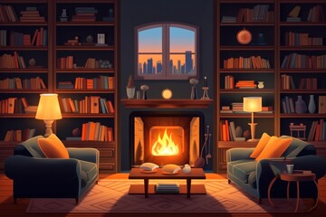 Cozy living room with a fireplace, warm lighting, and shelves filled with books. Generative AI