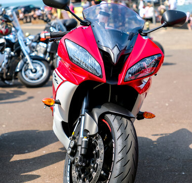 Front on view of a Yamaha YZF R6 race replica motorcycle parked up on Hunstanton seafront on the North Norfolk coast
