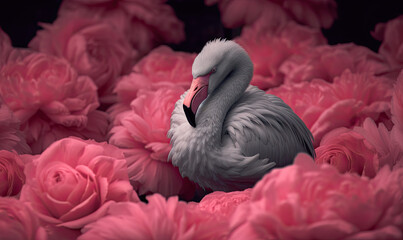 Fototapeta premium Flamingo amidst pink flowers. Generative AI image.