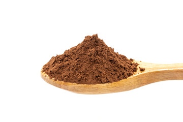 Cocoa powder on wooden spoon. Pile of Cocoa powder isolated on white background. close up