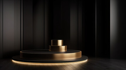 Empty gold black podium 3d background pedestal stand showcase or blank golden product stage display studio mockup and luxury advertising light