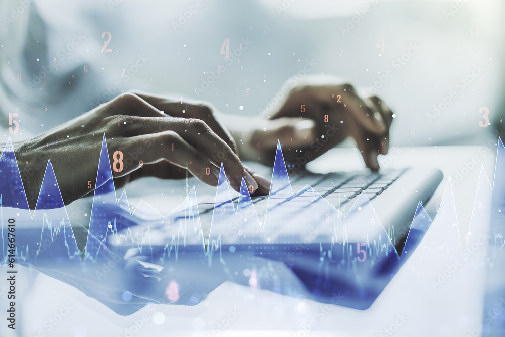 Fototapete multi exposure of stats data illustration with hands typing on computer keyboard on background, comp