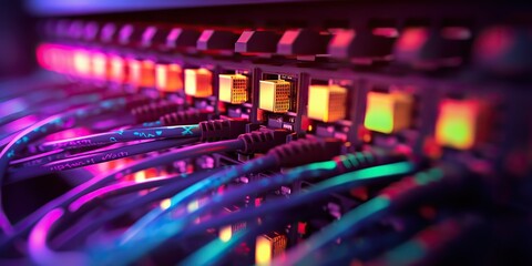 Fototapeta premium AI Generated. AI Generative. Servers connection with Fiber optic cable switch internet pc technology pc Graphic Art