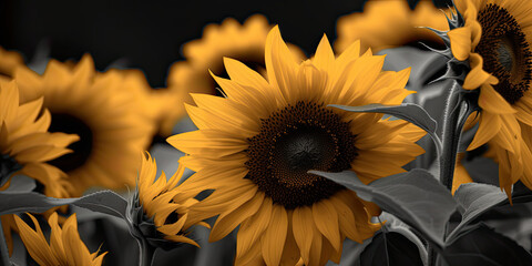 yellow sunflowers with black and white background. Generative AI image.