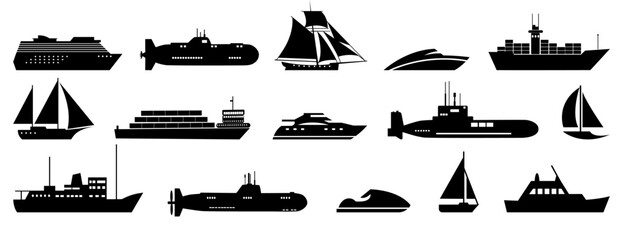 Sea transport icon silhouette collection. Ship, boat, yacht, submarine, sailboat