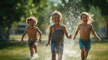Joyful children run through the sprinkler on a hot summer day, their faces full of joy and fun. Generative AI - obrazy, fototapety, plakaty