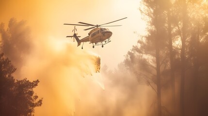 Fototapeta na wymiar Fire fighting helicopter carry water bucket to extinguish the forest fire