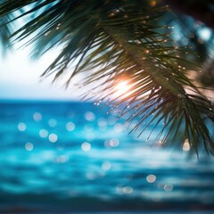 Fototapeta na wymiar Palm leaves illuminated by the setting sun against the background of the sea . generative AI