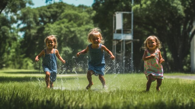 Joyful children run through the sprinkler on a hot summer day, their faces full of joy and fun. Generative AI