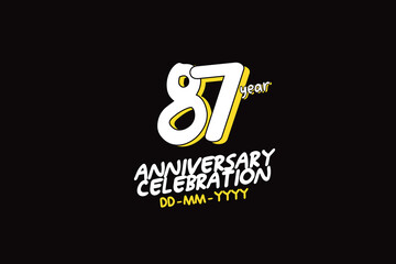 87th, 87 years, 87 year anniversary with white character with yellow shadow on black background-vector