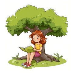 Obraz na płótnie Canvas Little girl reading a book under the tree. Generative AI