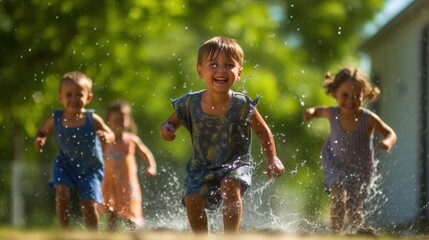 Joyful children run through the sprinkler on a hot summer day, their faces full of joy and fun. Generative AI - obrazy, fototapety, plakaty