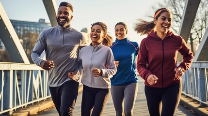 Group of friends jogging together, vibrant city park. Generative ai.