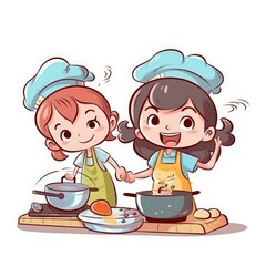 Two cute children cooking in the kitchen. Happy little chef girls. Generative AI