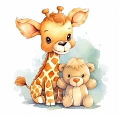 Obraz na płótnie Canvas Cute baby giraffe cartoon holding a toy bear on a white background. Generative AI