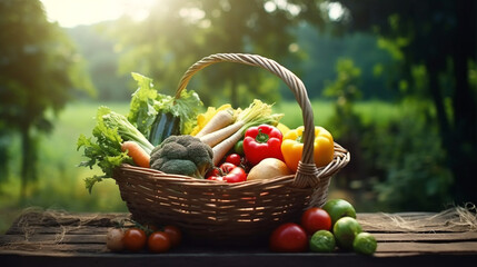 vegetables in basket on wooden table with green orchard background. generative AI - obrazy, fototapety, plakaty