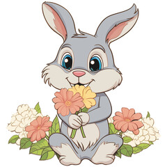 Easter bunny with flowers, isolated on white background, vector illustration.