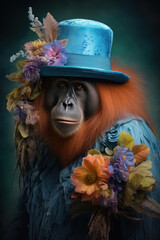 An orangutan wearing a blue hat with flowers