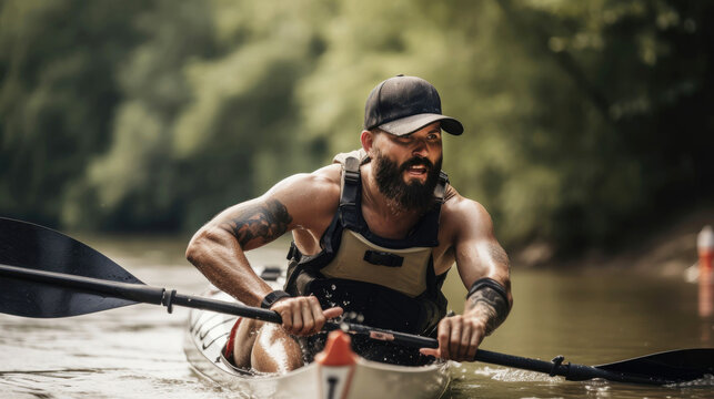 Adaptive athlete summer kayaking on river