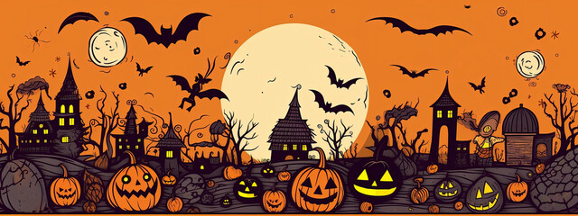 Illustration of Happy Halloween background in line art style on orange background, minimal concept, copy space. AI generated