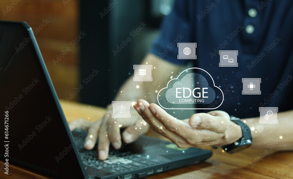 Leinwandbilder Edge computing modern IT technology concept. Cloud circuit with icons on dark background. Futuristic tech of data processing.