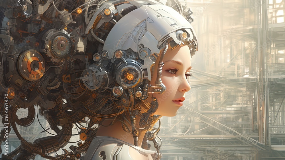 Wall mural art illustration sci-fi fantasy, an cyborg girl with brain implant device, futuristic theme, generat