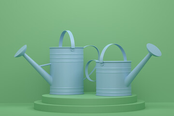 Garden equipment and supply on podium on monochrome background.