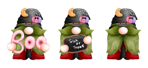 Halloween gnomes watercolor illustration set.Halloween cute gnome boy with trick or treat,boo letter,pumpkin and crescent moon.