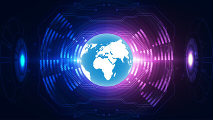 abstract technology background with world map and blue lights, vector illustration