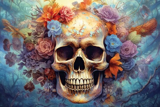 Skull close up with flowers as for the day of the dead in mexico on a blue background