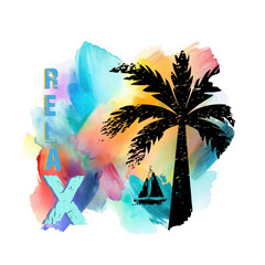 T-shirt design with palm tree on watercolor brush strokes background. Summer relaxation © Siarhei