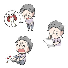 糖尿病の合併症になる高齢女性のイラスト3パターン