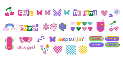 Collection of trendy icons in 90s, 2000s style. Y2k sticker butterfly 2000s. Set of design elements, flowers, hearts, worlds, checkerboards illustration. Vector