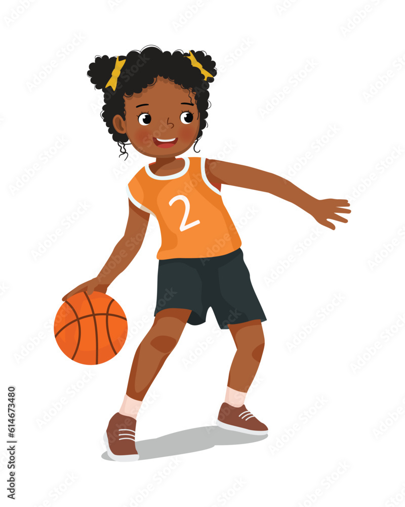 Canvas Prints Cute little African girl with sportswear playing basketball dribbling the ball in action